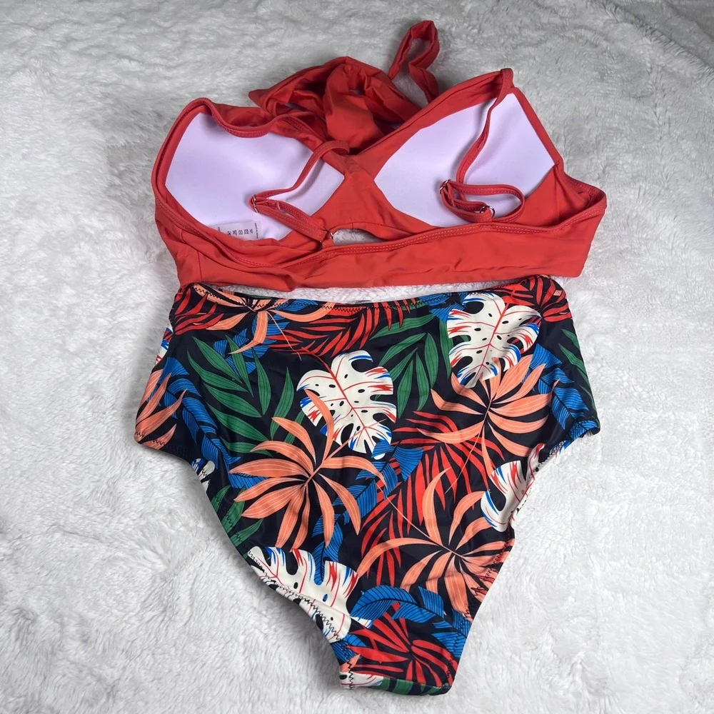 SUUKSESS Women's High Waisted Bikini Tropical Leaf Print Coral Halter Swimsuit M